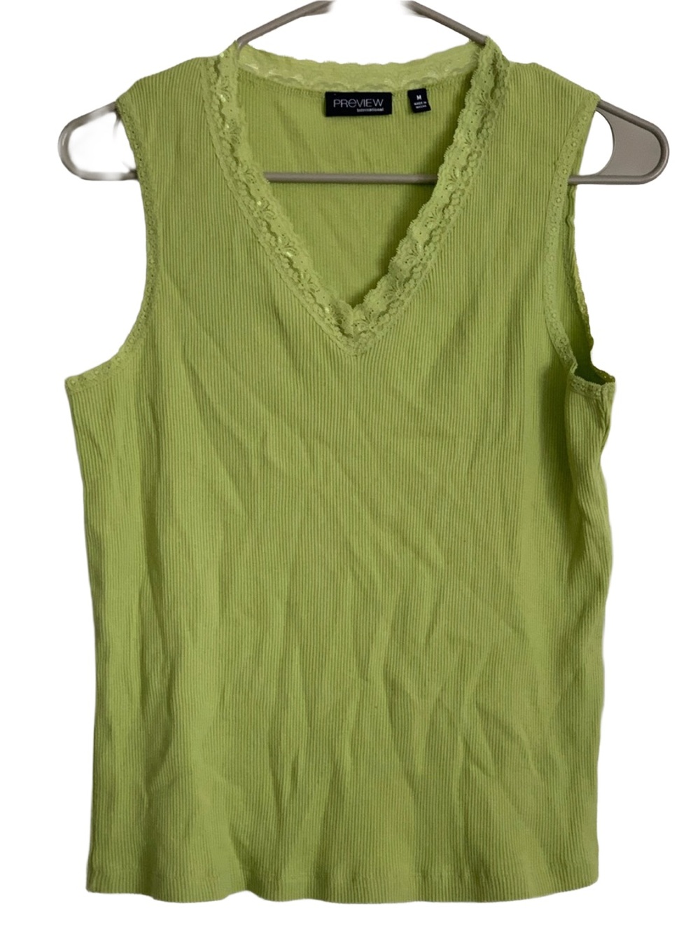 PREVIEW Womens Apple Green Ribbed Sleeveless Tank Lace V-neck Cotton Tank Top